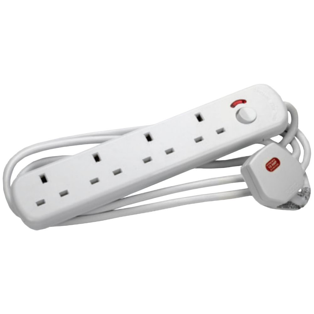 Extension Lead 13A White, 4 Gang + 2 Metres Cable, Switched - Elevator ...